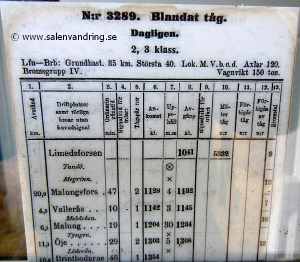 Särnabanan. Megrinn. Tidtabell, troligen från 1969