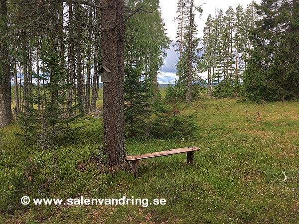 Nu finns bänken vid Stora Mobergets gård vid grunden för boningshuset. Tidigare stod den vid det jag tror är smedjan.