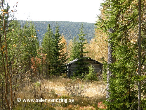 Den västra ladan vid Björnbäckdalens fäbod. Stora Moberget i bakgrunden